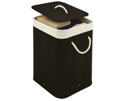 Lomera Bamboe Wasmand - Wasmand Met Deksel - Opvouwbare Wasmand - 72 Liter Capaciteit - Zwart Bamboe - Draaghengsels - Uitneembare Zak - Wasbare Binnenzak - Verstevigde Metalen Ring