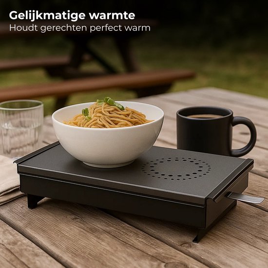 Lomera Warmhoudplaat - Rechaud - 2 Branders - Waxinelichtjes - Voedselverwarmer - Non-Stick Coating - Aluminium Rooster - Roestvrijstaal Basis - Zwart - Gelijkmatige Verwarming - Handvaten - Afneembaar Rooster - Kaarsjesdover — afbeelding 4