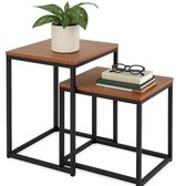 Lomera Bijzettafels Set van 2 - Industrieel Design - Gepoedercoat Metaal - MDF Tafelblad - Zwart Metalen Frame - Ruimtebesparend - Nesttafels - Woonkamer Bijzettafel - Verstelbare Poten - Compact Ontwerp