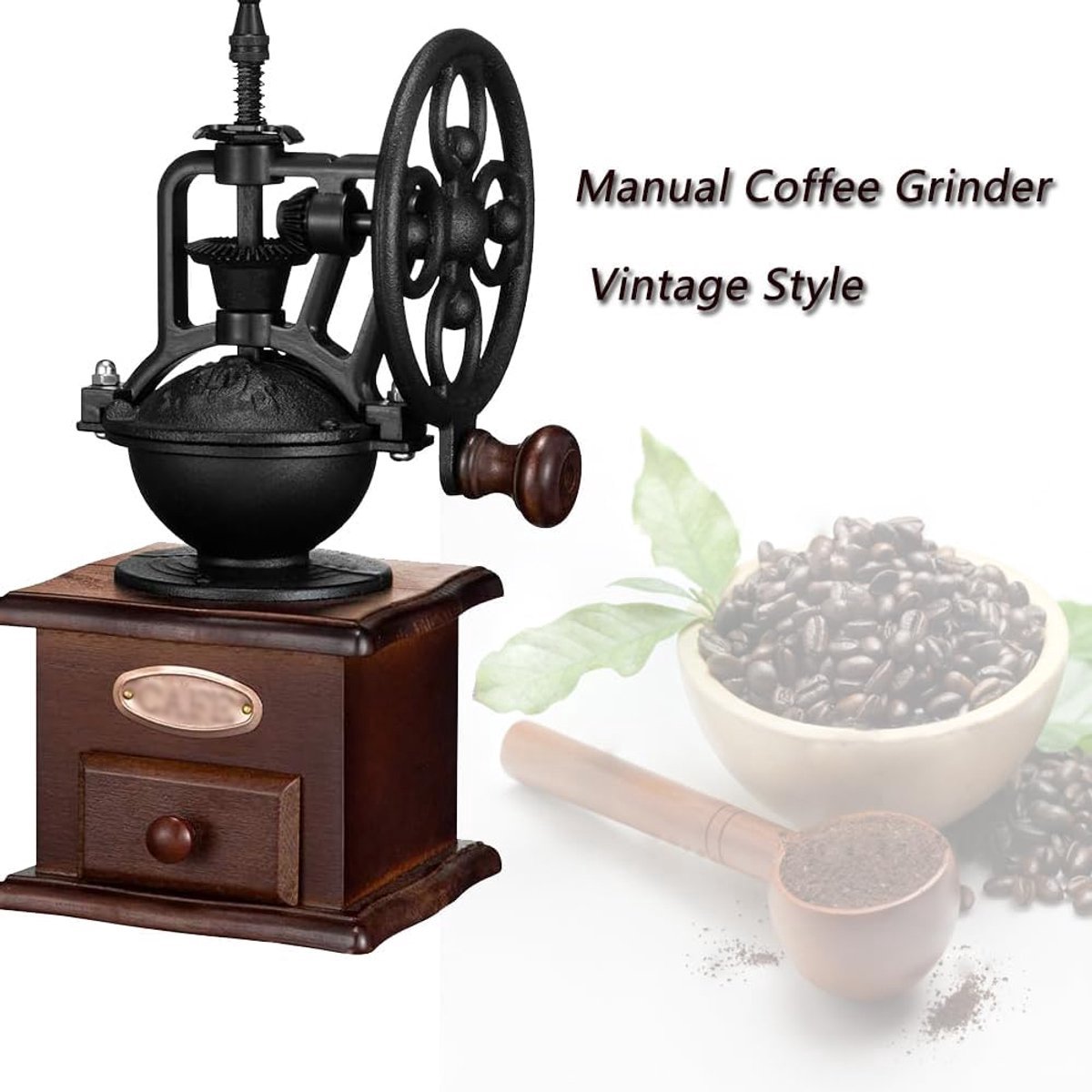 Handmatige koffiemolen, handbediende koffiemolen, koffiebonenmolen, koffiemolen voor thuis, vintage houten koffiedecoratie, vintage koffiezetapparaat