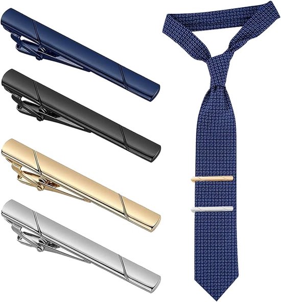 Blauwe stropdas met ruitpatroon. Dasspelden in blauw, zwart, goud en zilver.