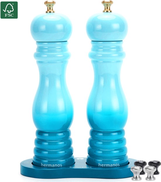 Peper en Zoutmolen Set Handmatig Blauw Acaciahout Hermanos® - 22 cm - Peper- & Zoutstel - Verwisselbare knoppen zwart, zilver en goud - Instelbare maalgraad - Klassiek - BBQ Accessoires