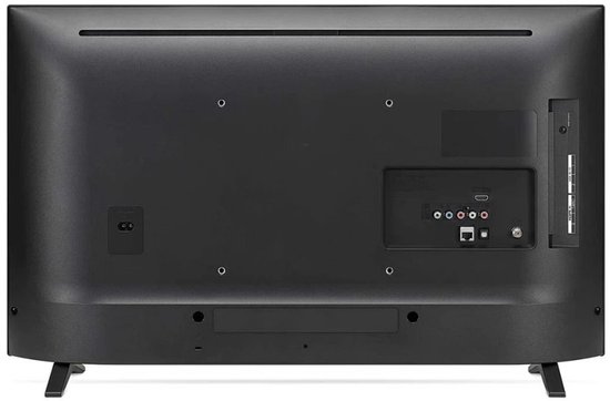 Achterkant van een zwarte LG smart tv met poorten en standaard.
