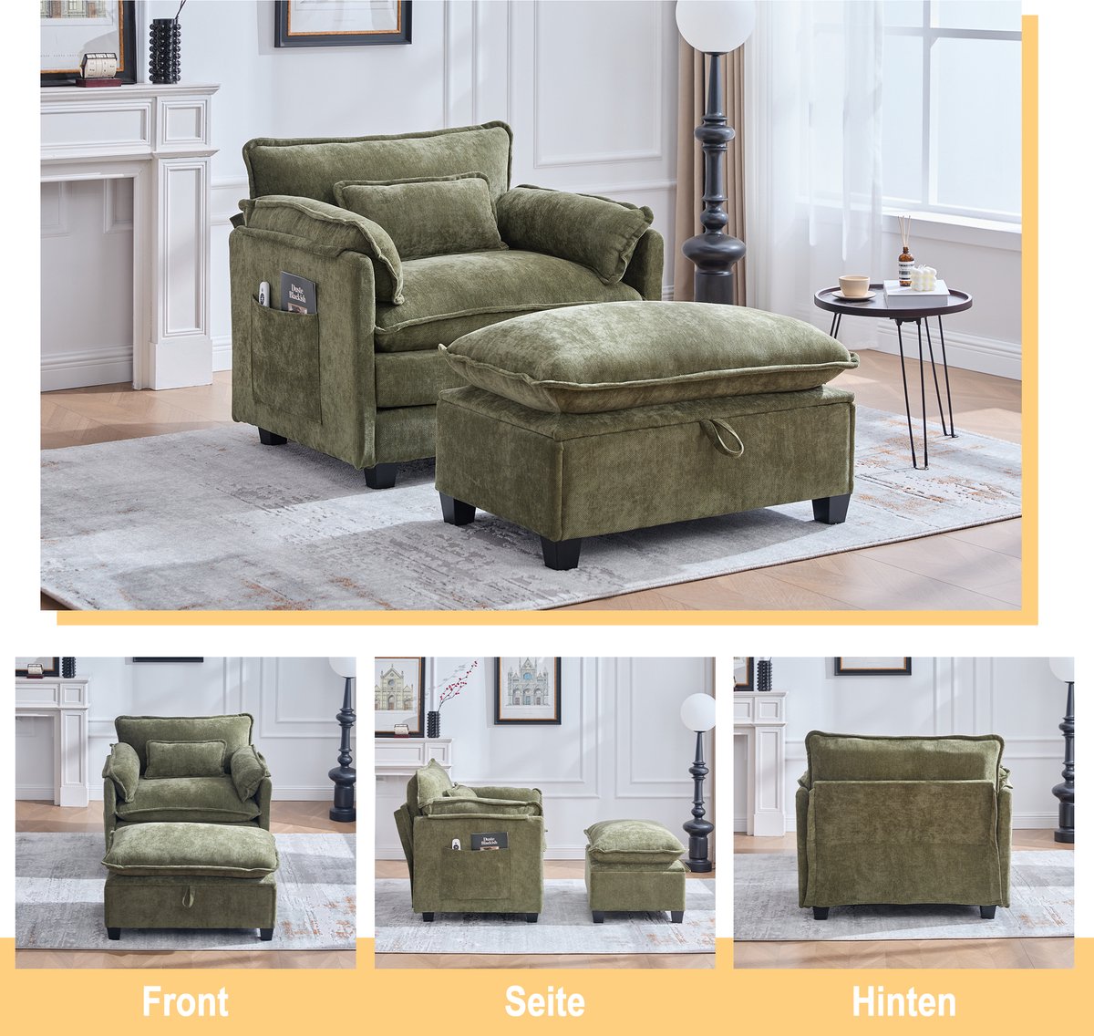 Moderne extra grote fauteuil met voetenbank en kruk, fluwelen loungestoel met zijvakken en kussens, comfortabele leesstoel voor woonkamer, slaapkamer en appartement(Groen)