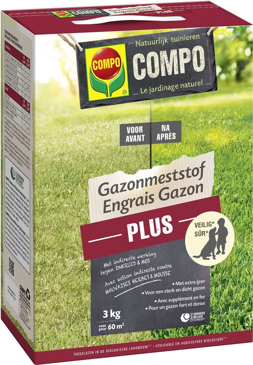 COMPO Gazonmeststof Plus - met indirecte werking tegen onkruid en mos - voedt tot 8 weken lang - doos 3 kg (60 m²)