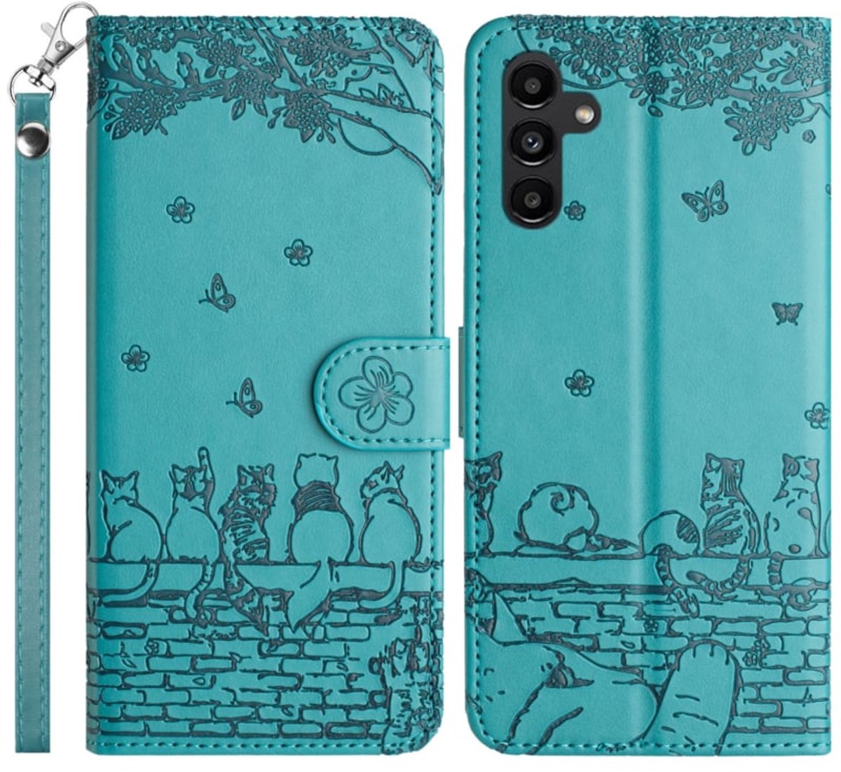 BookCover Hoes Etui geschikt voor Samsung Galaxy S25 FE Turquoise - Katten op muurtje - Reliëf