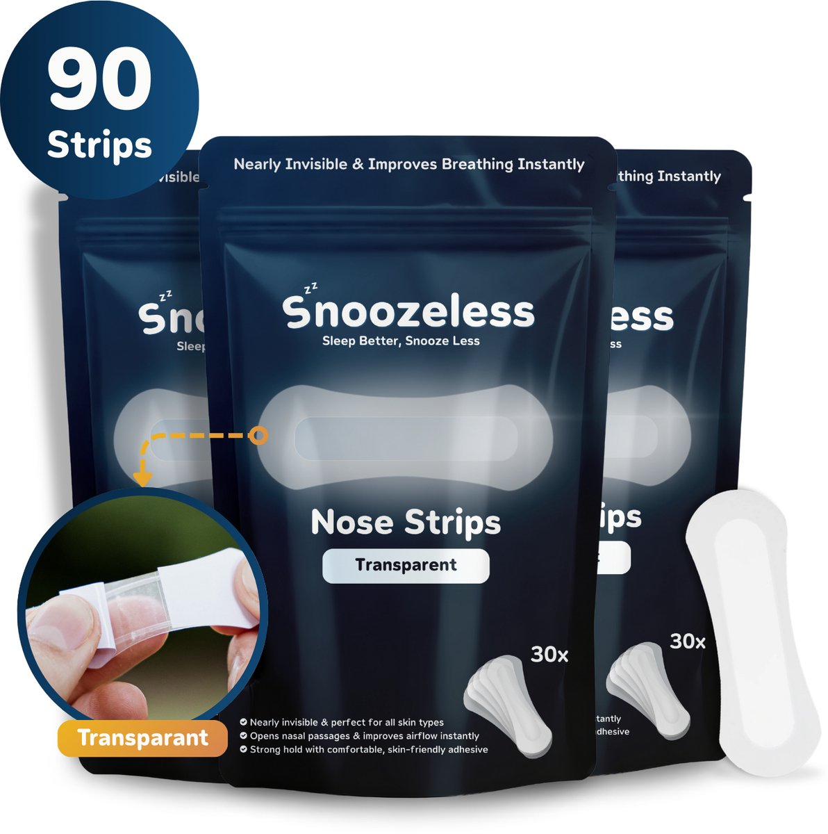 Snoozeless Transparante Neusstrips – Neuspleisters tegen Snurken & voor Sport – Hypoallergeen & Huidvriendelijk – Transparant & Nauwelijks Zichtbaar – Betere Ademhaling – 90 Stuks