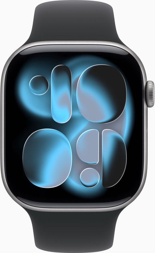 Montre Apple noire avec cadran dégradé aux bulles bleues et grises.