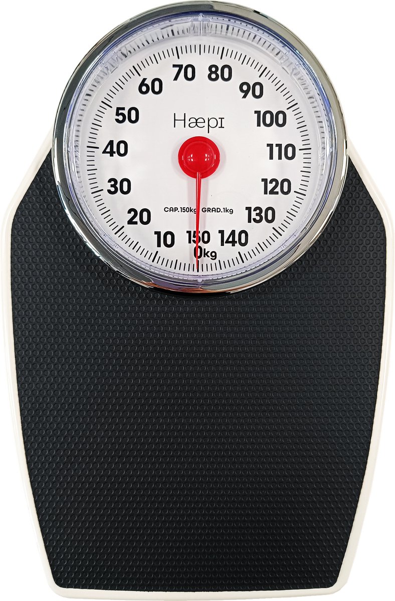 Haepi - Mechanische personenweegschaal - Dr-stijl - Groot scherm en grote cijfers - Zeer leesbaar display - Maximale capaciteit van 150 kg - 15 jaar garantie.