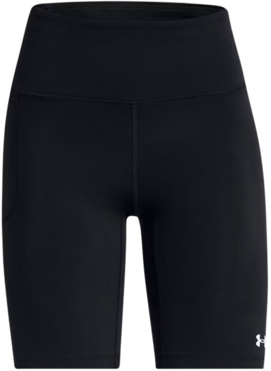 Zwarte damesfietsbroek met hoge taille en een wit logo op de linkerpijp.