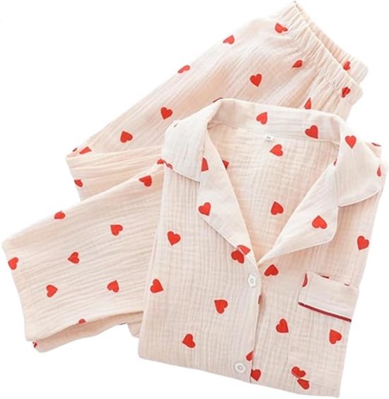 Pyjama Dames - Pyjamaset met Hartprint - Katoenen Pyjamaset - Schattig Shirt met Lange Mouwen en Button - Down Shirt met Hartprint en Lange Broek- Maat L