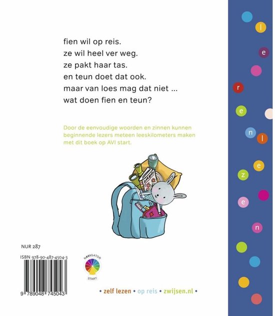 Achterkant kinderboek "Fien & Teun kom, we gaan op reis". Een rugzak vol met spullen en een konijn dat eruit kijkt. Tekst en ISBN.