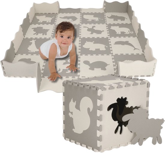 Roosly Speelmat Baby - Speelkleed Baby - babygym - Foam vloerpuzzel 145 x 145 cm - Opstaande Rand - Inclusief Opbergtas - speelgoed -Veilig & Zacht - Grijs