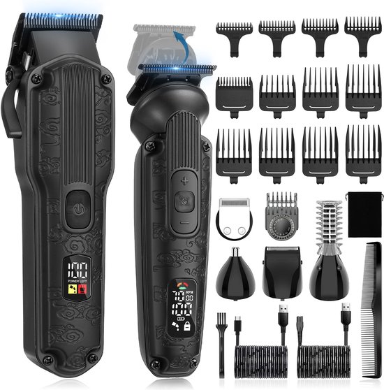 Zwarte Scttomon tondeuse en multifunctionele trimmer met accessoires: opzetkammen, neus- en oor trimmer, scheerkop, kam, USB-kabels.