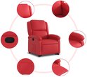 Rode fauteuil in kunstleer met gedetailleerde weergave van functies.