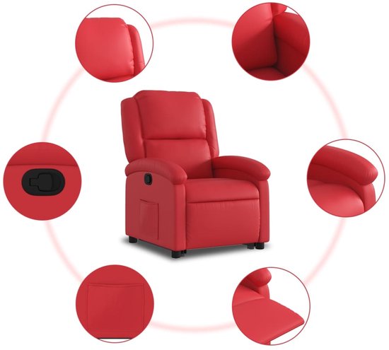 Rode fauteuil in kunstleer met gedetailleerde weergave van functies.