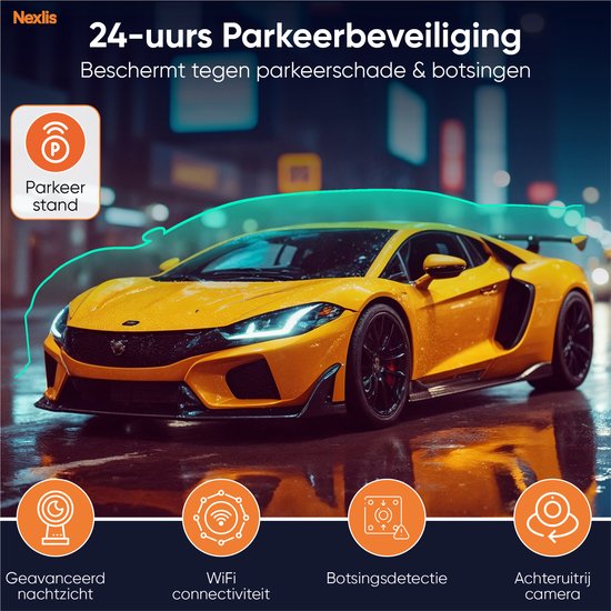 Nexlis 4K dashcam met 24-uurs parkeelbeveiliging, toont een gele sportauto met geavanceerd nachtzicht, WiFi en botsingsdetectie.