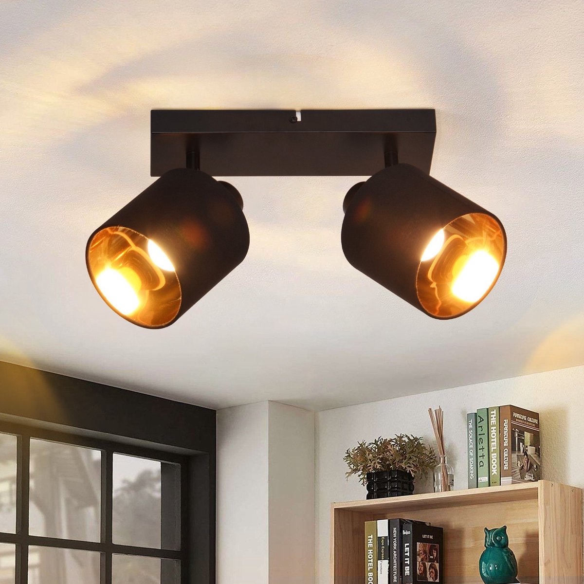 Glitzerlife Vintage Stoffen Plafondspot - Plafondlamp - 2-lichts E14 Fitting - 350° Zwenkbaar - Zwart Exclusief Lichtbron Max. 25W voor Woonkamer Slaapkamer Keuken Gang