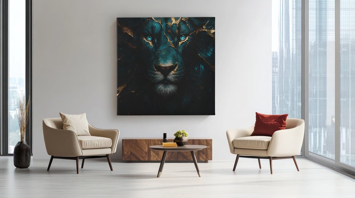 Trendex Global Vierkant Canvas Schilderij - Leeuw - Groen - Goud - 100x100x2 cm