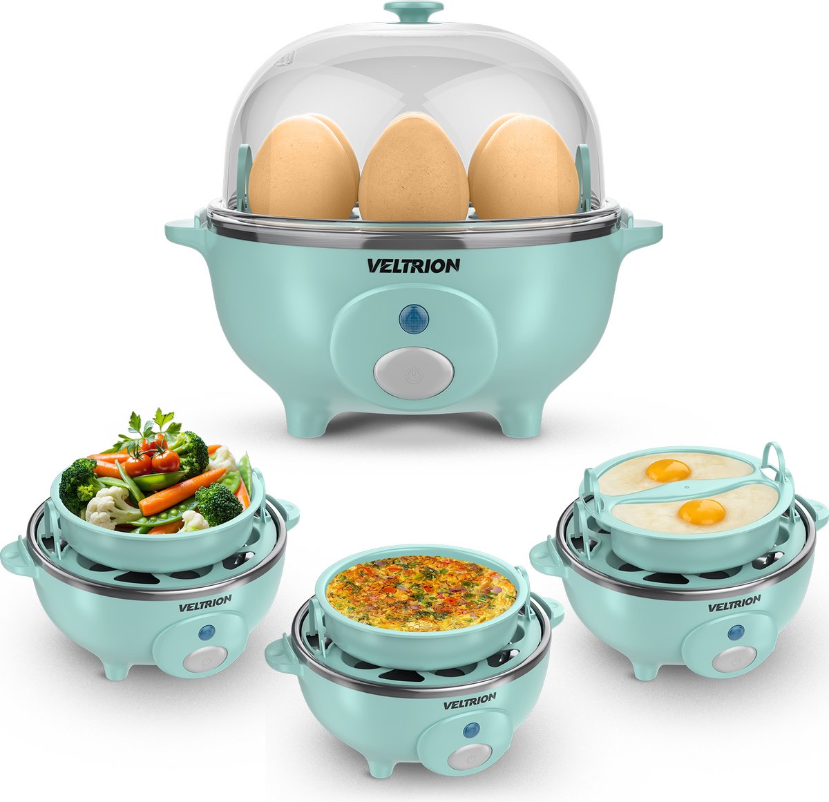 Veltrion Elektrische Eierkoker - Kook tot 7 Eieren - Koken, Pocheren, Roerei & Omelet - Incl. Timer en Slimme Maatbeker - Vaatwasserbestendig - Blauw