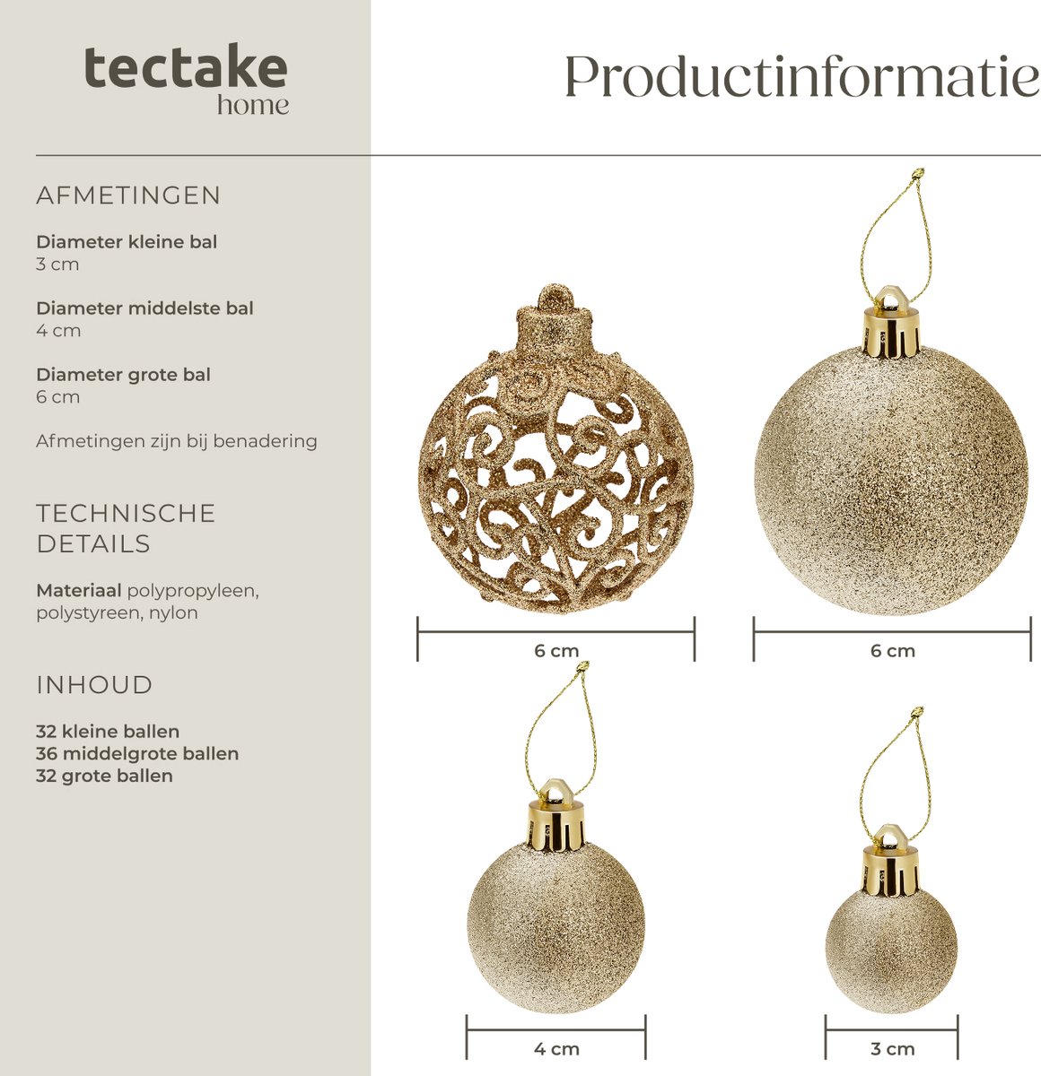 tectake® Set van 100 Kerstballen - Mat, Glanzend en Glinsterend Oppervlak - Kerstballen van Robuust Plastic - Kerstversiering met Opbergbox - Kerstboomversiering in Verschillende Maten - Goud – foto 6