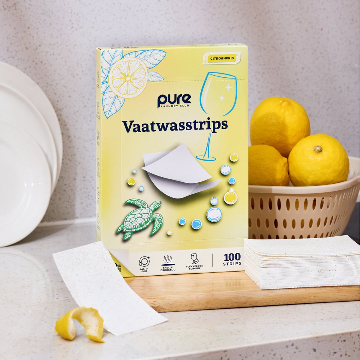 Pure Laundry Club Vaatwasstrips - 100 Strips - Citroenfris - Milieuvriendelijk & 100% Plasticvrij - Zonder Fosfaten, Chloor & Microplastics - Vaatwastabletten Alternatief - Wasstrips Vaatwasser — afbeelding 4
