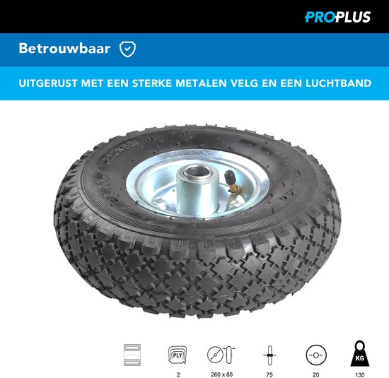 ProPlus Neuswielband 260 x 85 mm – Voor aanhangwagen, boottrailer en paardentrailer – Met metalen velg en luchtband – Zwart — afbeelding 3