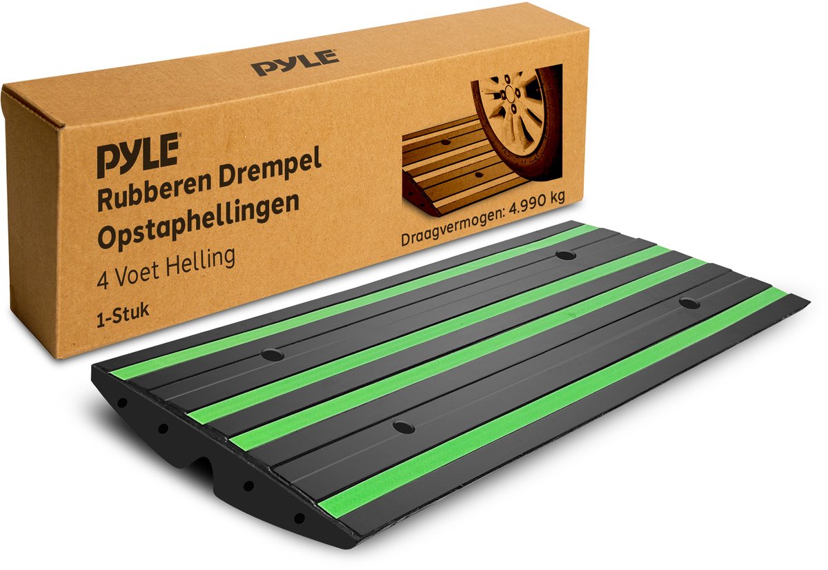 Pyle Rubberen Drempeloprit 4 ft – Gebogen Antislip Oprit met Groene Reflecterende Strip