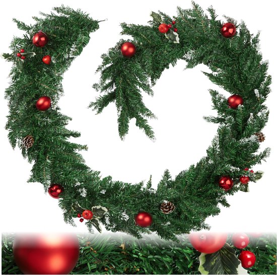 tectake® Kerstslingers met Ballen, Bessen en Denneappels - Guirlande - Kerstversiering voor Binnen en Buiten - Gedetailleerde en Levensechte Kerstslinger - Ophanglus - 270 cm - Groen