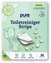 Verpakking van toilet cleaner strips met limoenillustratie. Tekst: Reinigt & verfrist, limoenfris, 100% plasticvrij, 36 strips.