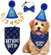 Joya Pets® Verjaardagsset Hond Jongen Reu | Verkleedset Birthday Boy | Hoedje + Bandana + Strik | Inclusief Cijfers 0 t/m 8 | Verjaardag Hond Reutje | Hond Verjaardagskleding | Verkleedset Huisdier | Blauw