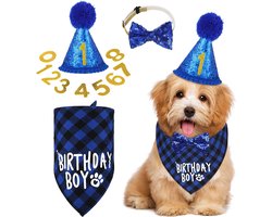 Joya Pets® Verjaardagsset Hond Jongen Reu | Verkleedset Birthday Boy | Hoedje + Bandana + Strik | Inclusief Cijfers 0 t/m 8 | Verjaardag Hond Reutje | Hond Verjaardagskleding | Verkleedset Huisdier | Blauw