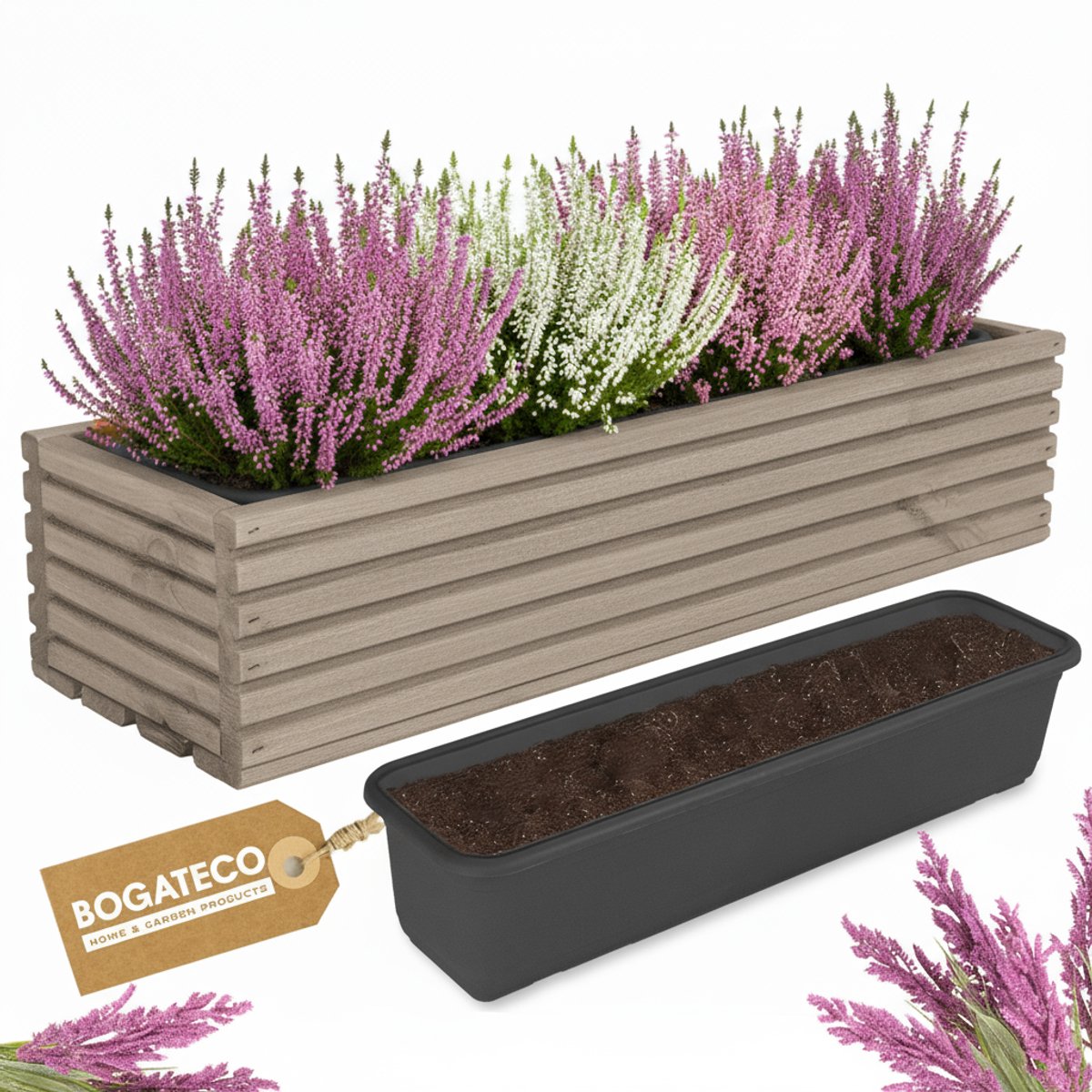 Houten bloembak | Plantenbak | Bloempot 64 x 20 x 14,5 cm | Kruidenpot | Bloempot met kunststof inzetstuk | Waterdicht | Grijs