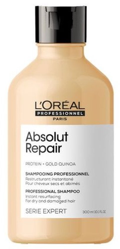 Shampoing L'Oréal Professionnel Absolut Repair dans une bouteille beige de 300 ml avec un bouchon noir.
