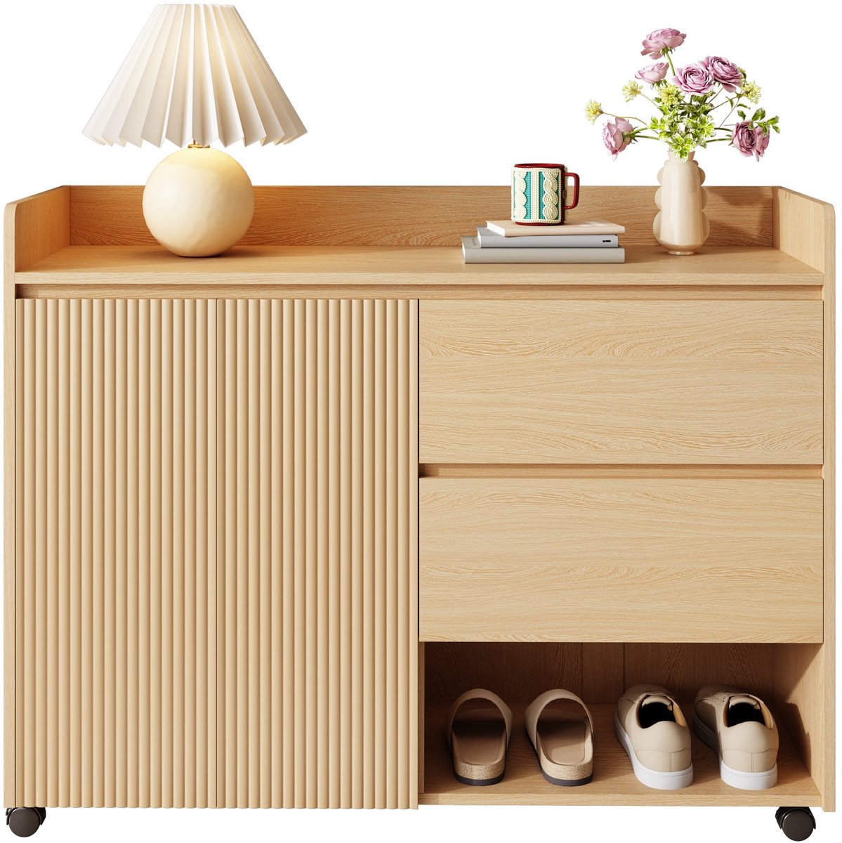 Merax Schoenenkast met Lade en Open Vakken - Verplaatsbare Schoenenkast met Wieltjes en Rem - Verstelbare Planken en Soft-Close Scharnieren - MDF Houtlook 110×35×86 cm