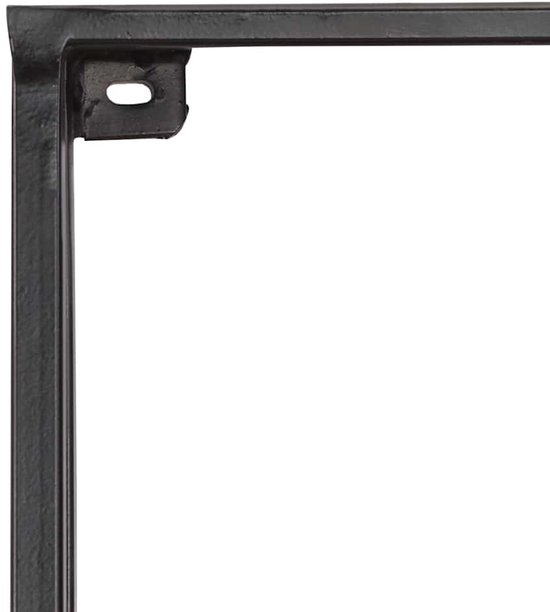 Detail van een zwart metalen wandplank frame met een ophangoog.