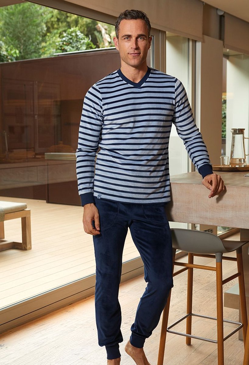 Barandi Herenpyjama – Lange Mouwen – Gestreept – Blauw – Zachte Fleece Broek - XXL
