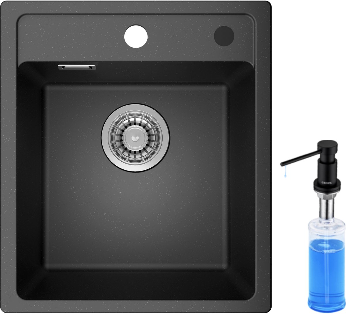 ANYCEE MAX Granieten spoelbakken - Spoelbak Met Zeepdispenser(300ML) - Inbouwwasbak 40x46cm - 1 Bak Zwart - Afvoerset Inbegrepen