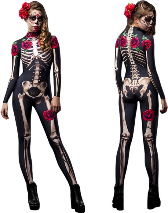 Joya Kids® Skelet Verkleedpak Volwassenen | Zwarte Stretch Jumpsuit met Skelet & Rode Rozen Dames | Día de los Muertos | Sexy Halloween & Carnaval Verkleed Kostuum Vrouw | Maat L
