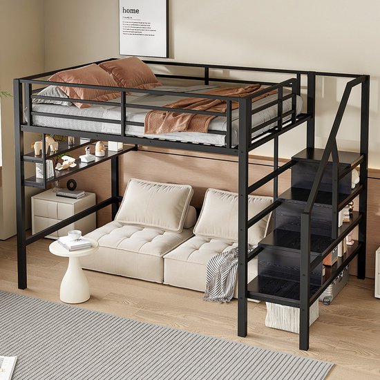 Lit mezzanine BLACKCOLORS 140x200cm avec étagères de rangement, échelle, espace libre sous le lit pour changer la personne, accoudoirs, matelas non inclus, noir