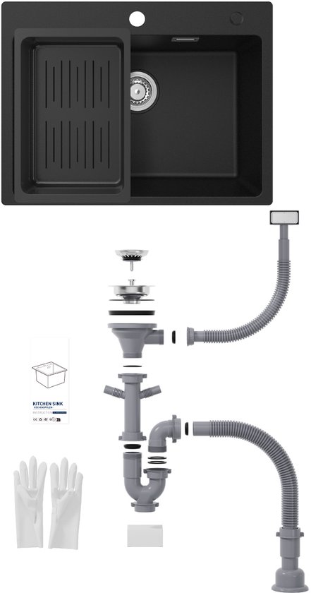 Évier de cuisine en granit CECIPA max 60 x 45 cm Anthracite - Éviers avec robinet - Acier inoxydable - Évier avec système d'évacuation d'eau - Évier en granit avec égouttoir