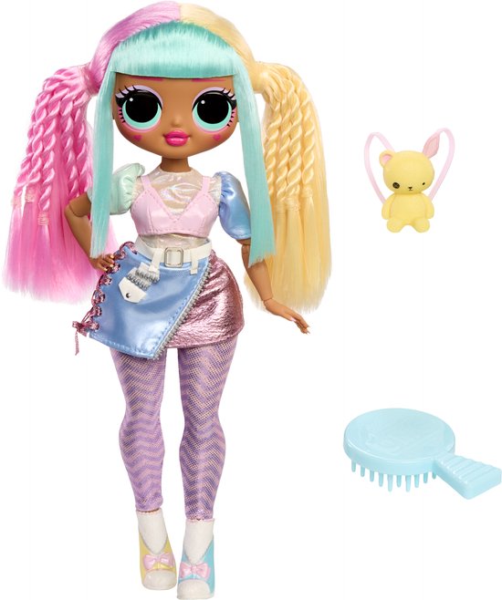 LOL Surprise OMG pop met lang golvend haar (blauw, roze, geel), outfit en accessoires: teddybeer en borstel.