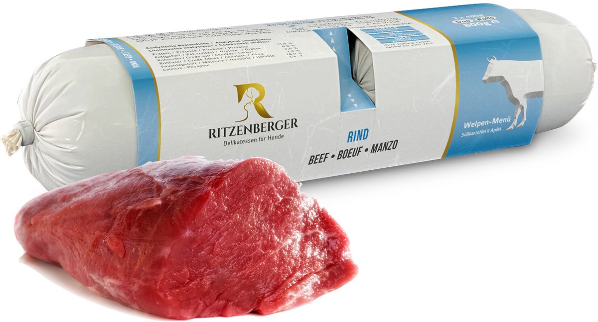 Ritzenberger Pup, Rundvlees met Zoete Aardappel gestoomde worst. Doos 24 x 400. Totaal 9.6 kilo