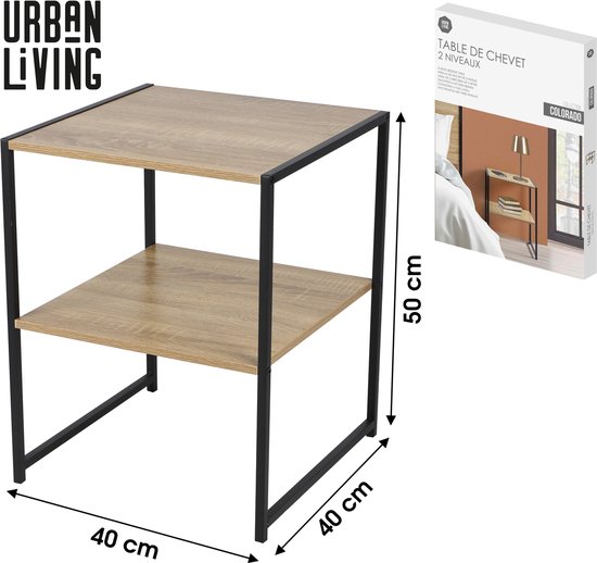 Une table d'appoint à deux niveaux avec plateau en bois brun clair et cadre en métal noir, mesurant 40x40x50 cm. À côté, une boîte montrant la table.