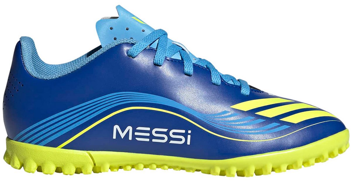 Adidas F50 Messi Club voetbalschoenen in blauw en geel, ontworpen voor snelheid, maat EU 36 2/3.