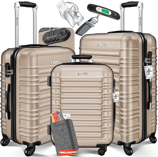 KESSER® 3x Valise, ensemble de valises de voyage, valise à roulettes ensemble de valises rigides avec pèse-bagage + étiquette de bagage serrure de valise à roulettes 4 roues coque rigide en ABS poignée télescopique ML-XL