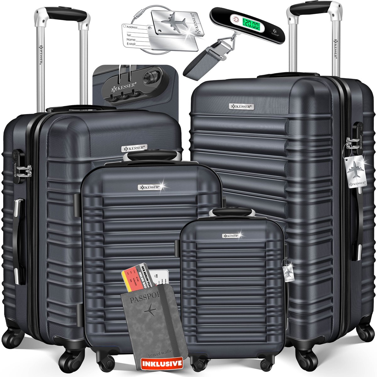 KESSER® 4x Koffer, reiskofferset, trolley koffer, incl. bagageweegschaal + bagagelabel rollend kofferslot, 4 wielen ABS, harde schaal telescoopgreep S-M-L-XL - Antraciet