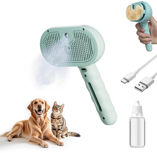 Hond en kat naast groene stoomborstel, USB-kabel, spuitflesje.