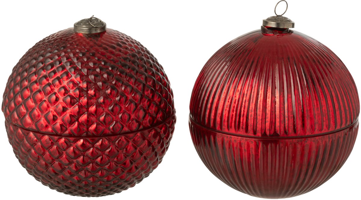 J-Line geurkaars Kerstbal - glas - bordeaux - large - 2 stuks Rood