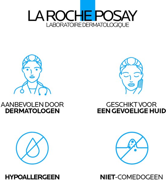 Iconen: dermatoloog, gevoelige huid, hypoallergeen, niet-comedogeen. La Roche-Posay.
